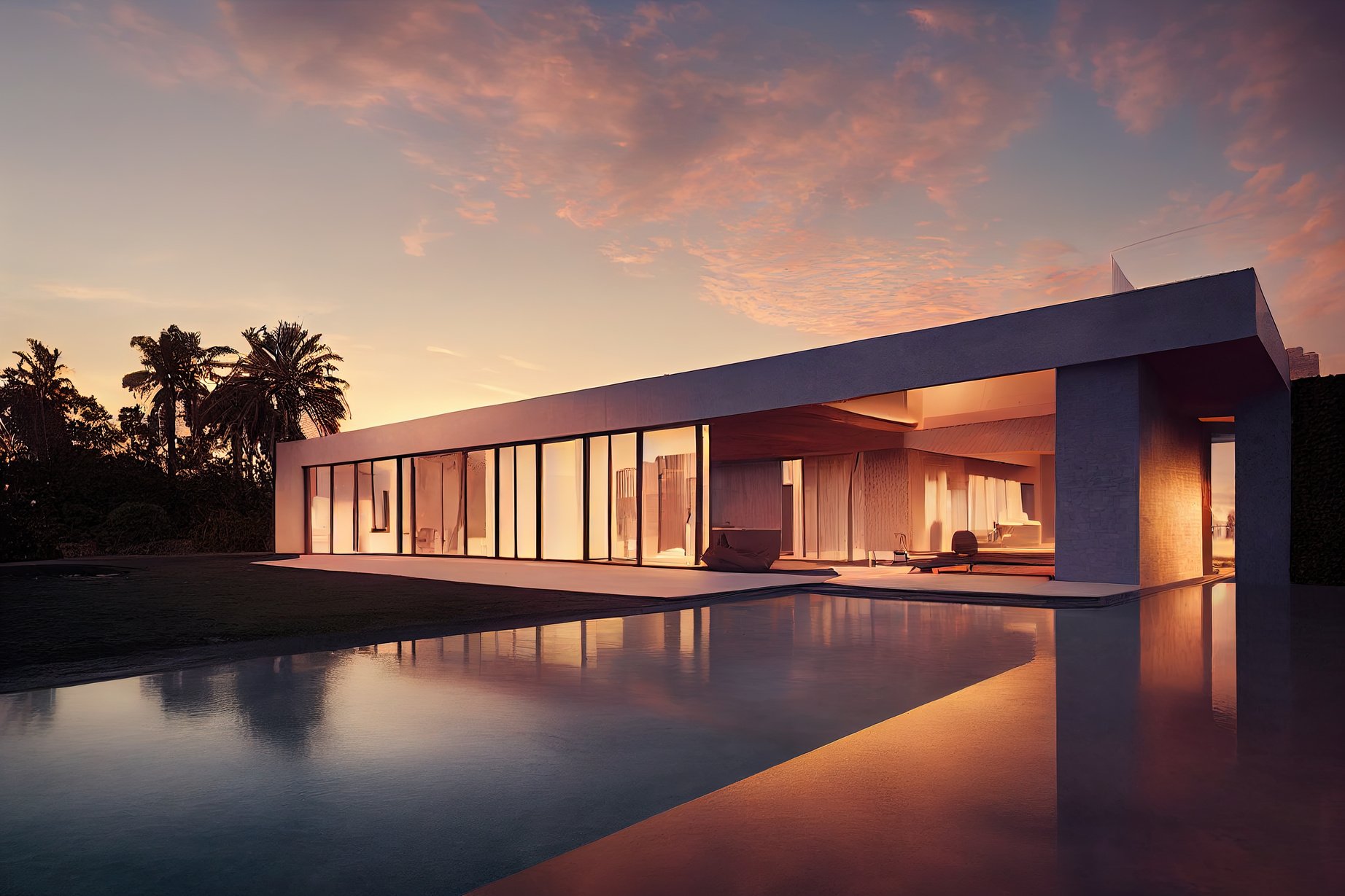 Architectural House in front of a Pool